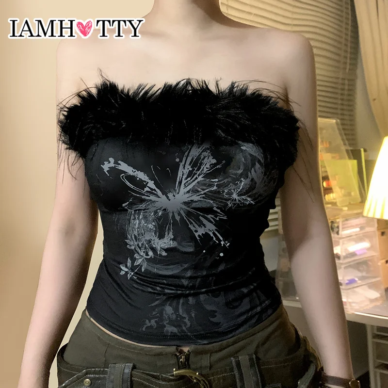 

IAMHOTTY Graphic Print Tube Top Feathers Strapless Camisole Gothic Skinny Corset Christmas Halloween Crop Top Vintage Vest Women