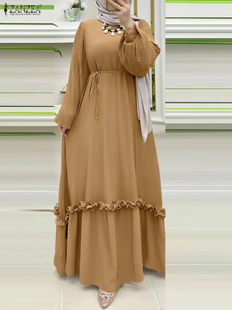 ZANZEA Modest Hijabs Long Dresses Woman Muslim Fashion O-Neck Pleated Lantern Sleeve Solid Color Ruffles A-Line Abaya Robes 3XL