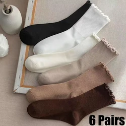 6 Pairs Ruffled Middle Tube Socks Women's Breathable Solid Color Set Black White Coffee Beige Loose Pile Socks Sweat-Absorbing