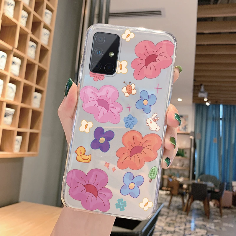 Чехлы для Samsung Galaxy A51 A71 4G 5G, задняя крышка, прозрачный мягкий силиконовый милый мультяшный чехол с цветами для Samsung A 51, чехол