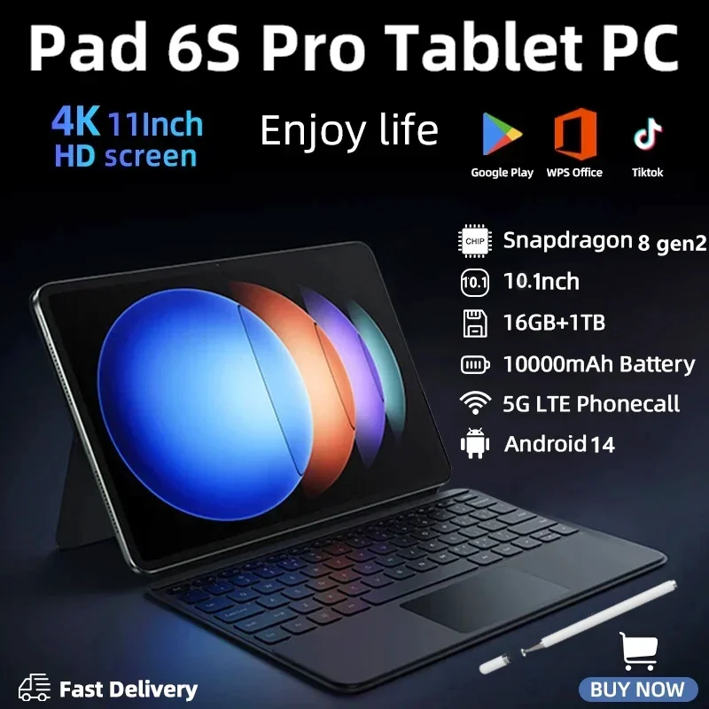 

2024 Global Version Pad 6S Tablet 11 Inch Android 14 16GB 1T 10000mAh 5G Dual SIM Phone Call GPS Bluetooth WiFi WPS HD 4K Tablet