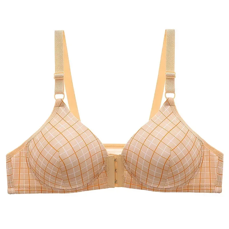 Plaid Front Closure Plus Size Bras Women Push Up Bras New Thin Wireless Gathered Sexy Bralette Cotton Breathable Thin Lingerie