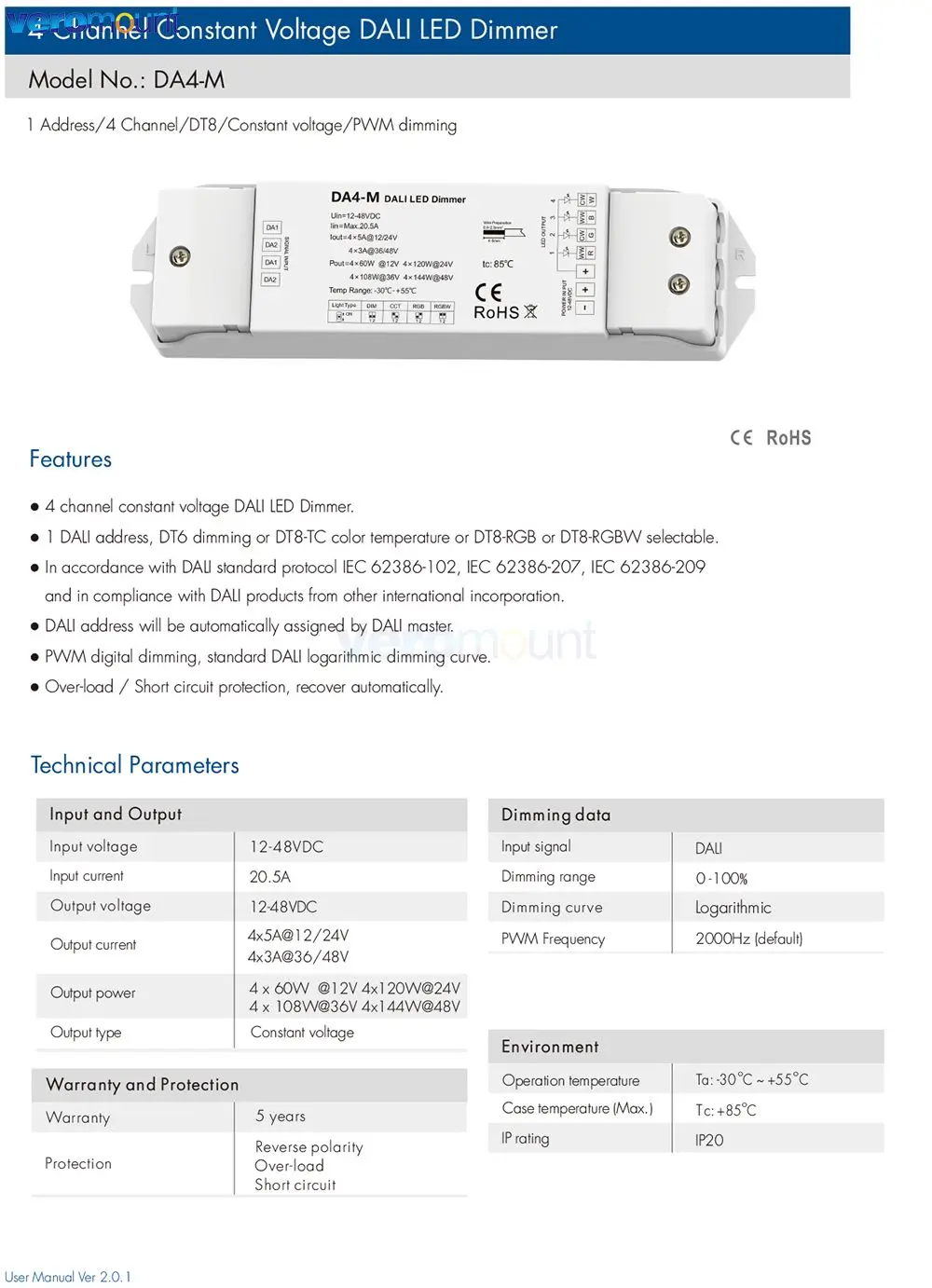 Skydance DA4-M DALI LED Dimmer 12V 24V 5A 4 Channel PWM Dimming Controller for Single Dual White RGB RGBW Color Led Strip Light