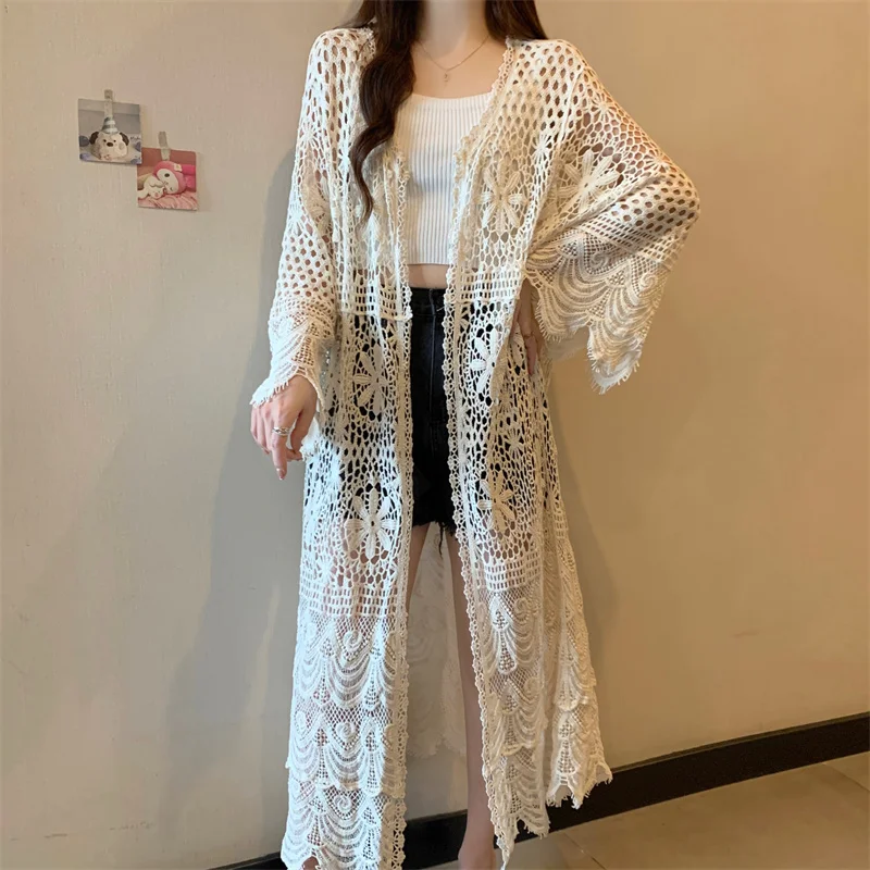 

plus Size Ethnic Knitwear Hollow out Travel Beach Loose Outerwear Women's Faion Summer New Sle Open Cardigan Long Sve