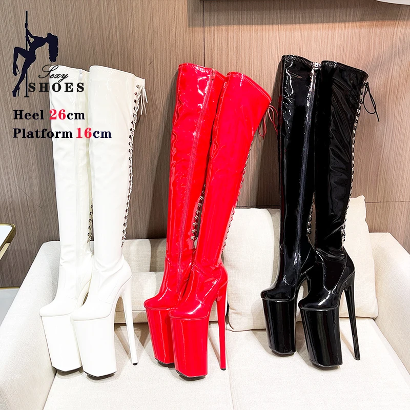 Ultrahigh Heel Platform Stripper Shoes for Women 23CM Heels Over-the-Knee Strap Trend 2024 Ladies Cross-tied Patent Leather Boot