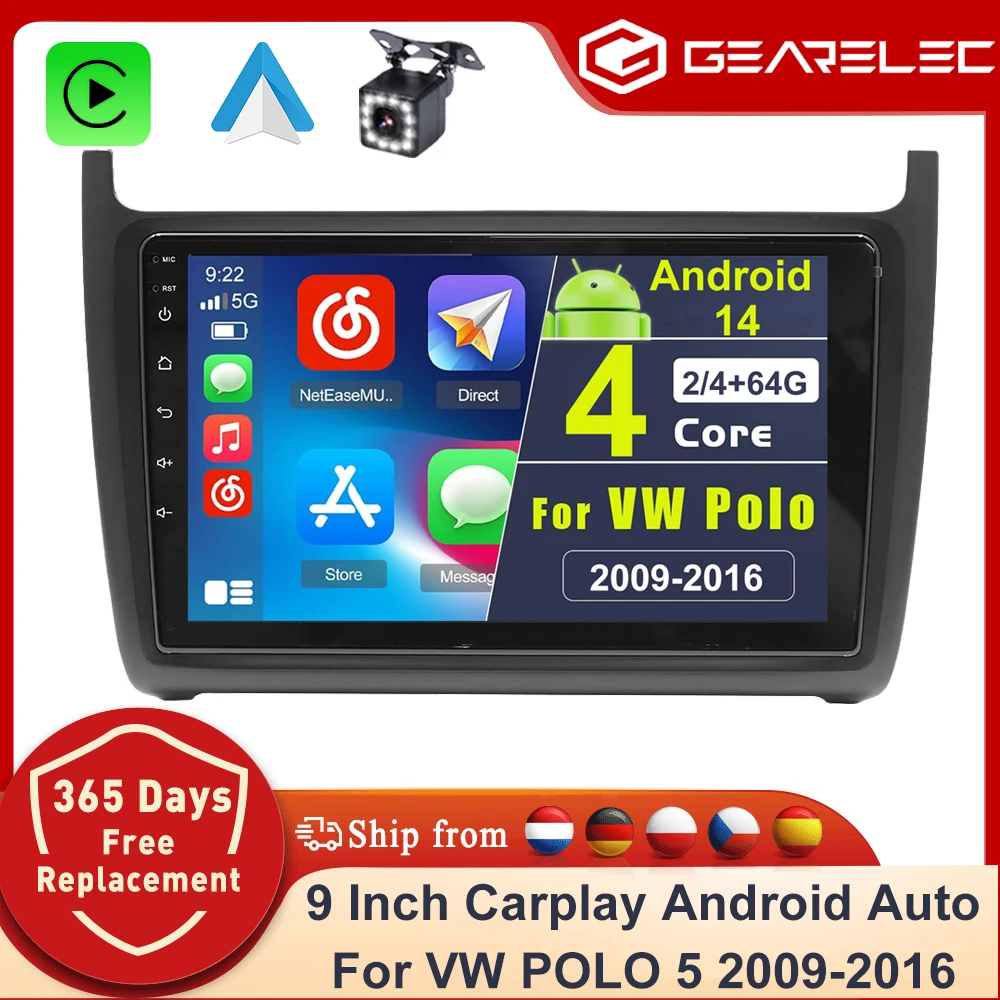 Autoradio GEARELEC 2 DIN pour VW Volkswagen Polo 2009-2017 6R 6C CarPlay 9 pouces, autoradio sans fil Carplay Android Auto GPS FM WIFI BT SWC RDS