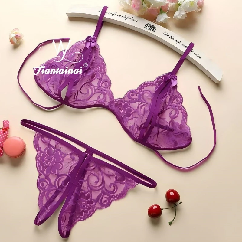 Sexy Lace Transparent Open-Crotch Bodysuit Women's Lingerie Set Erotic 3-Point Style Underwear