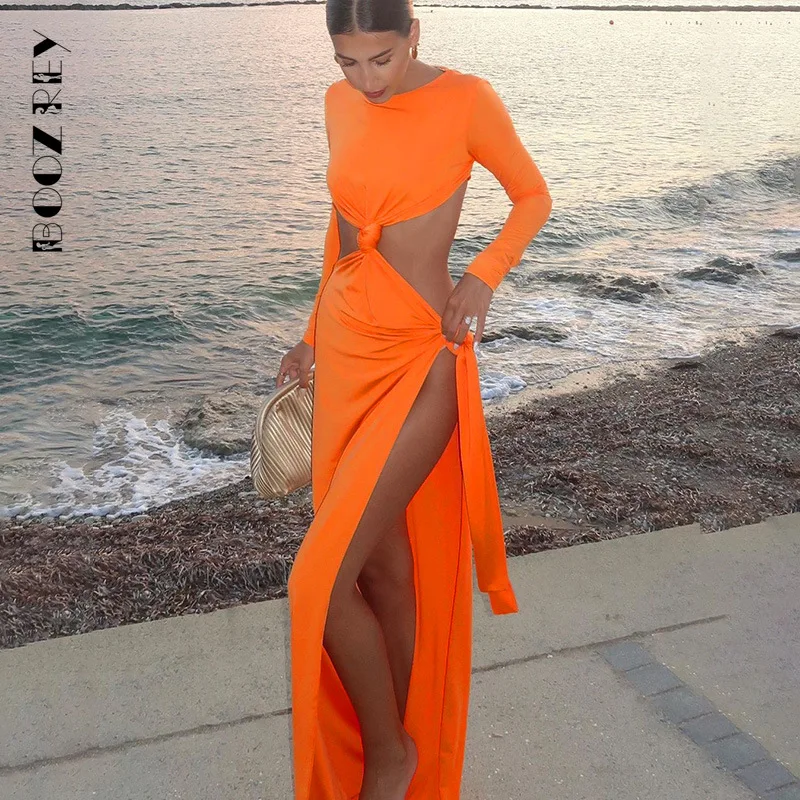 BoozRey pomarańczowe sukienki Bodycon Maxi dla kobiet lato Sexy Twist Backless sukienka z rozcięciem z długim rękawem elegancka sukienka imprezowa