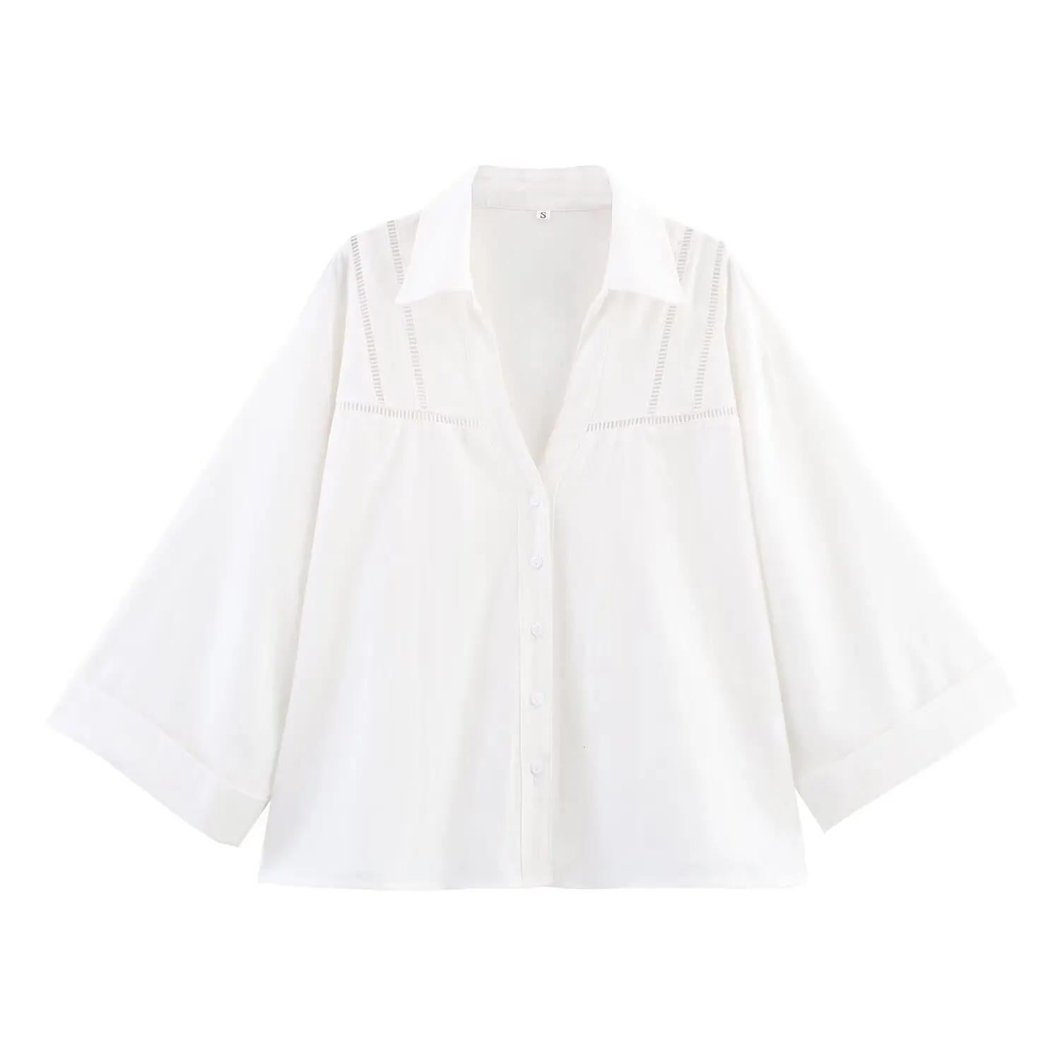 

MYST&ZA2025 new summer women's casual fashion simple hollow design straight lace wide sleeve lapel shirt top