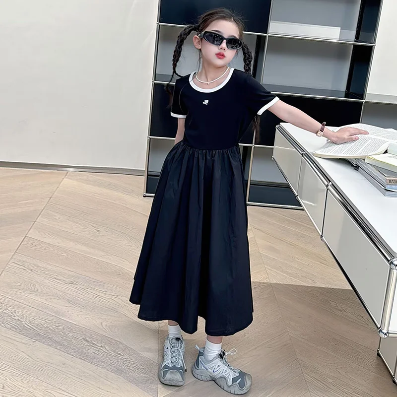 

8 10 12 14 summer junior girls dress sets cotton black long dresses+Cartoon Bear bag 2pcs teen kids clohtes suit child outfits