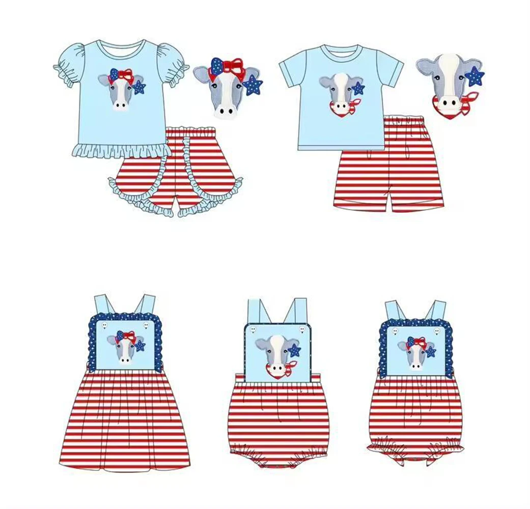 Summer boys girls matching outfits western cow tops five-pointed star print children's independence day suits wholesale