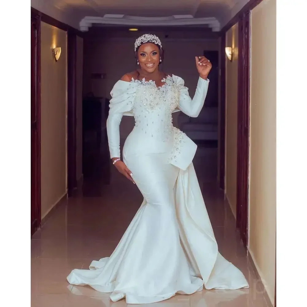 Robes de mariée sirène arabe ivoire personnalisées pour femmes dentelle perles perles cristaux perlés robes de mariée Sexy robes