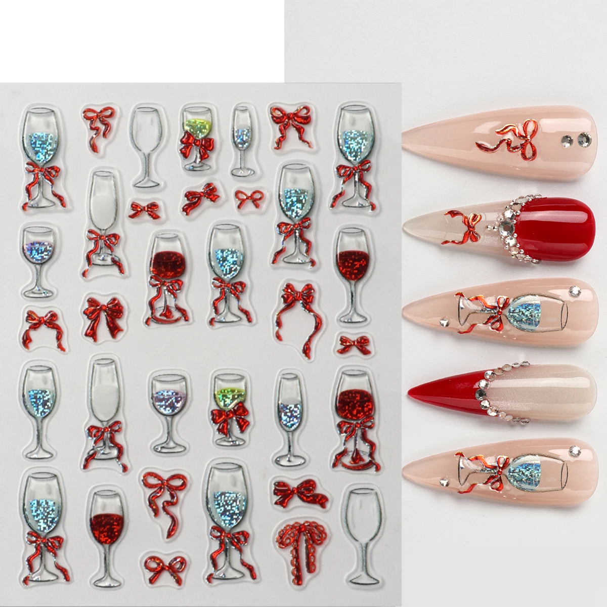 1/2 pz 5D Fiocco Rosso Tazza di Vino Design Unghie artistiche Adesivi Sparkly Glitter Calice Bowknot Adesivo Decorazione Del Chiodo Decalcomania Nail ArtSupply