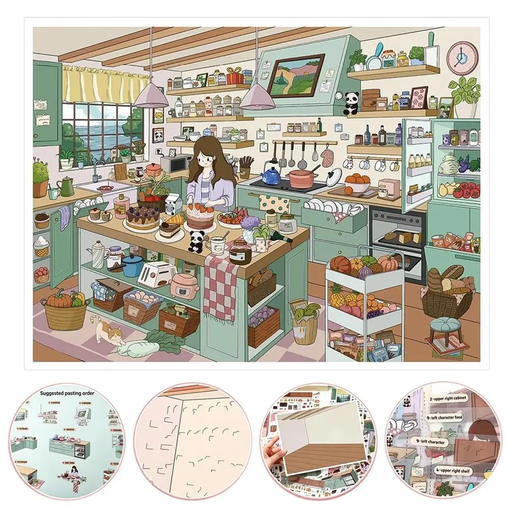 Kawaii Design Landscape Sticker Dessert Theme Cabin Scene 3D Sticker Comfortable Work Kitchen Sticker Festival Decoration