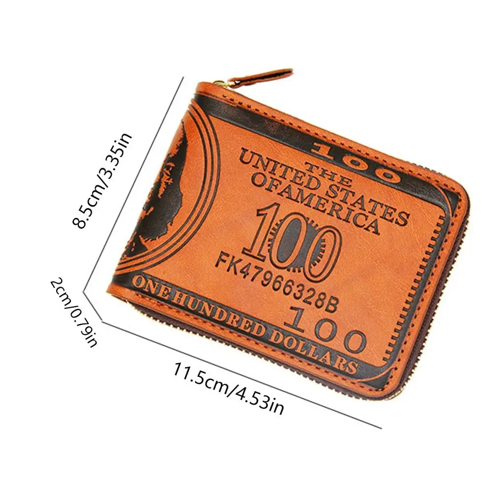 Billetera de cuero con patrón de dólar estadounidense para hombre, billetera con cremallera, tarjetero para fotos, billetera de gran capacidad, 100