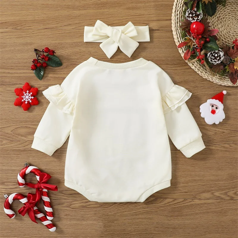 Toddler Girls Winter Outfit Cute Reindeer Print Romper with Matching Headband Long Sleeve Christmas Jumpsuit Set