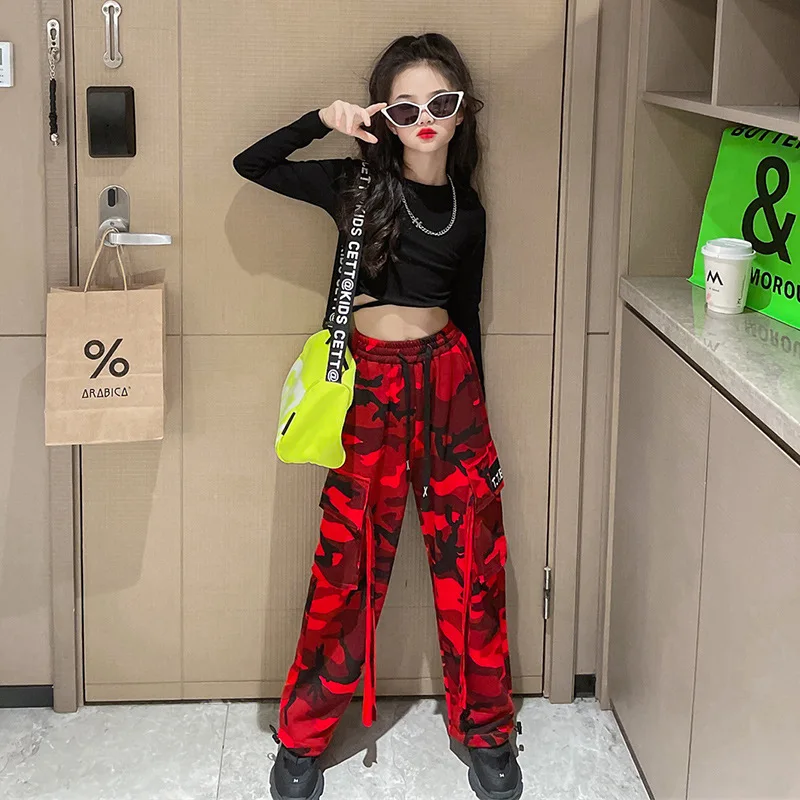 Girls Camouflage Pants Kids Fashion Casual High waisted wide leg pants 2023 Spring Fall ClothesTeen Girl Trousers 8 10 12 14Y