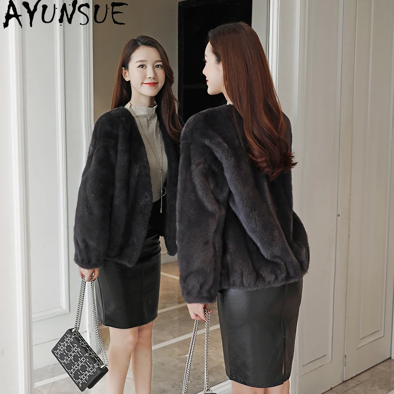 AYUNSUE Natuurlijke Nertsen Bont Jas Vrouw Mode V-hals Luxe Hele Nertsen Bont Jassen voor Vrouw Kleding Hoge Kwaliteit Abrigo Mujer