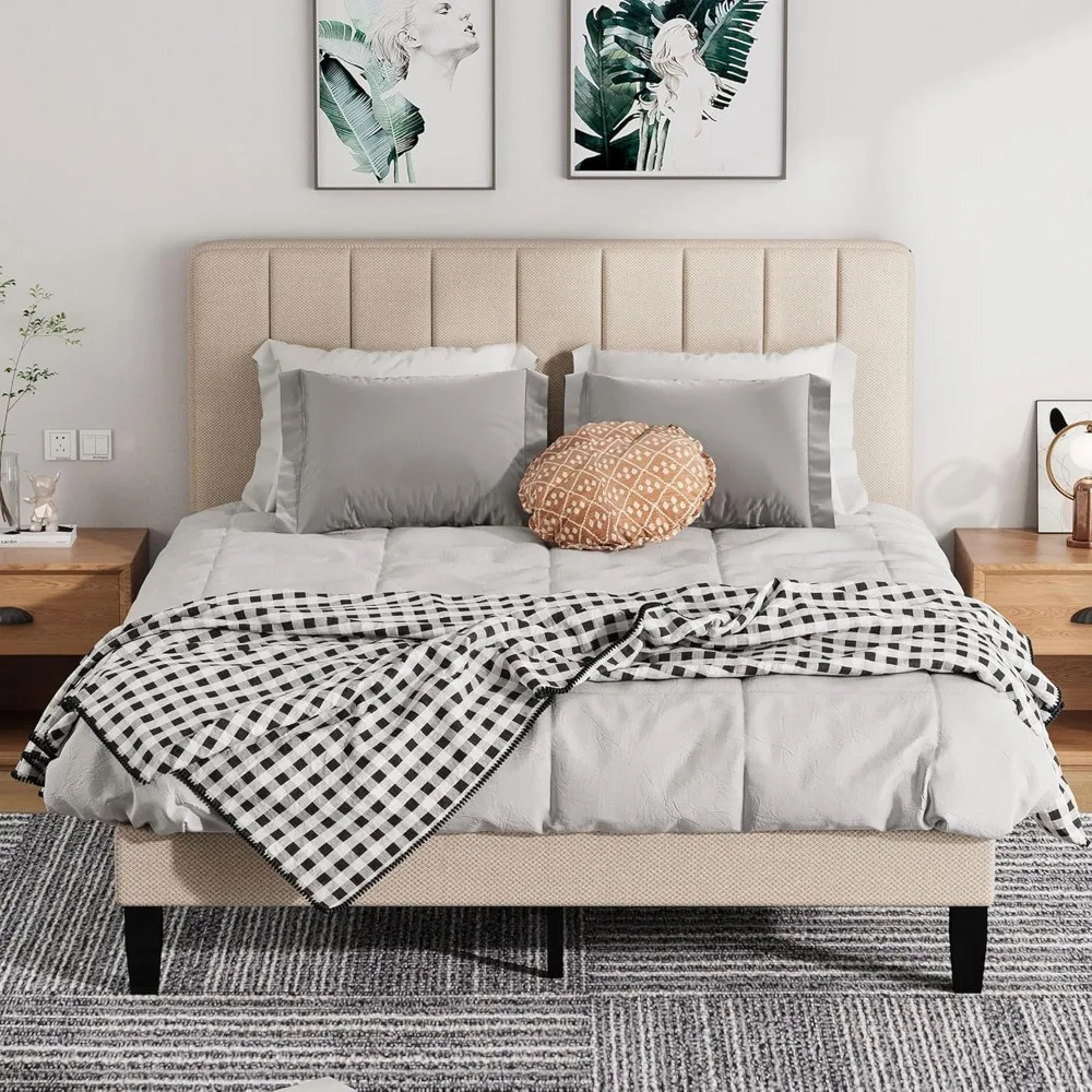 

Queen Size Bed Frame with Fabric Upholstered Platform Bed and Wooden Slats Support, Adjustable Height Headboard/No Box Spring Ne