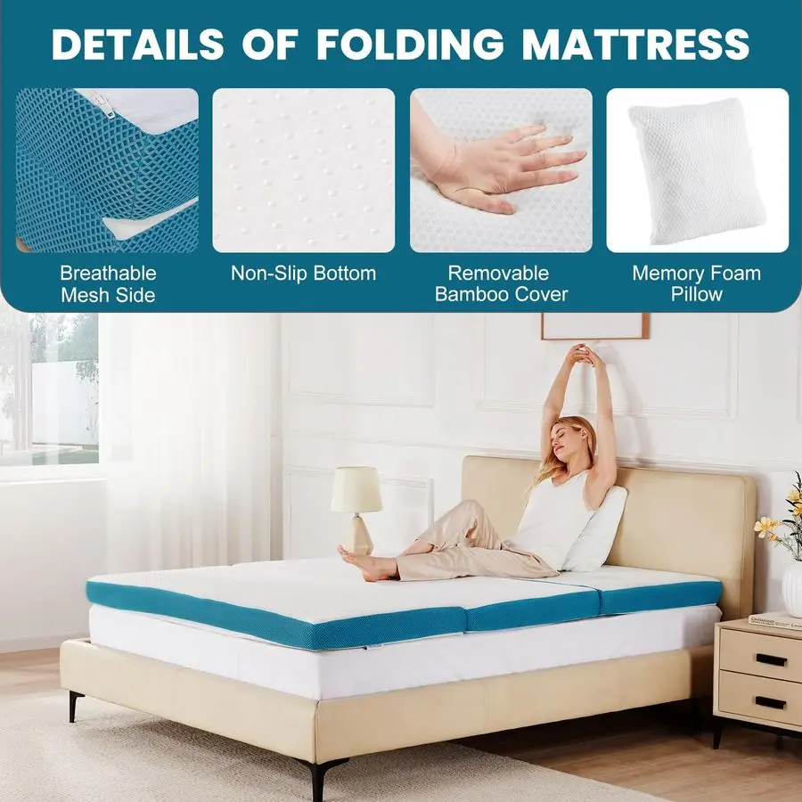 Matelas pliant en mousse à mémoire de forme, surmatelas pliable à trois volets de 4 pouces, lit d'invité certifié certifié CerPURUS avec housse de refroidissement amp Wat
