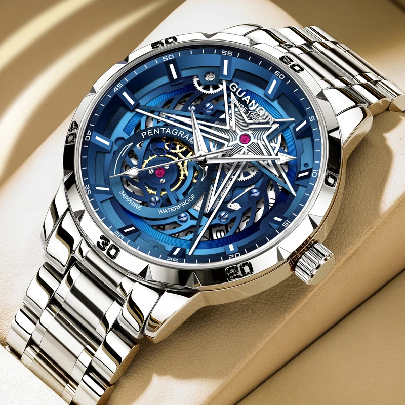 GUANQIN Роскошные кварцевые часы для мужчин с эффектом пентаграммы из нержавеющей стали, скелетонизированный циферблат, календарь, 30 м, водонепроницаемые светящиеся мужские часы GUANQIN Роскошные кварцевые часы для мужчин с эффектом пентаграммы из нержавеющей стали, скелетонизированный циферблат, календарь, 30 м, водонепроницаемые светящиеся мужские часы