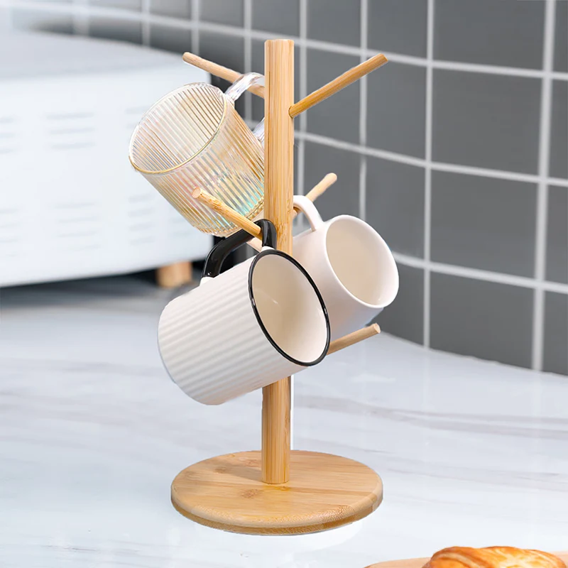 Wooden Mug Hanging Display Rack Drinkware Shelf with 6 Hooks Tree Shape Wood Coffee Tea Cup Storage Holder Stand Tumbler Holders