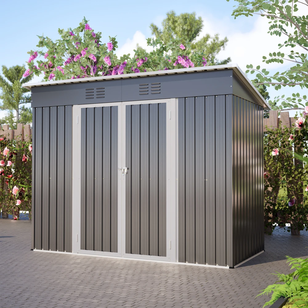 Metalen tuinhuis 8x4ft – Lessenaarsdak, afsluitbare deur, 2 ventilatieroosters, grijs. Voor tuingereedschap en terras.