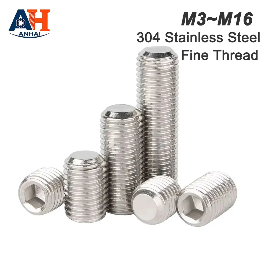 M3 M4 M5 M6 M8 M10 M12 M14 M16 304 Stianless Steel Fine Thread Hexagon Hex Socket Flat Point Set Screw End Grub Headless