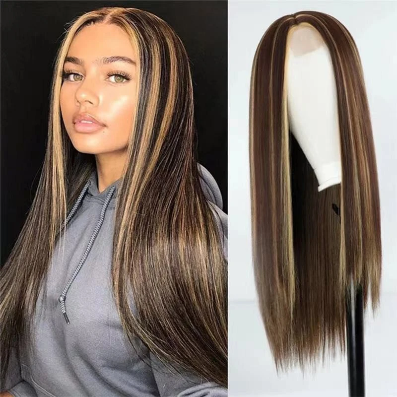 วิกผมยาวตรงสำหรับงานเลี้ยงอาหารค่ำ สไตล์ยุโรปและอเมริกา สำหรับผู้หญิง  ทรงผมแสกกลาง มีหน้าม้า  เหมาะสำหรับการแสดงบนเวที  ช่วยเสริมลุคให้โดดเด่น