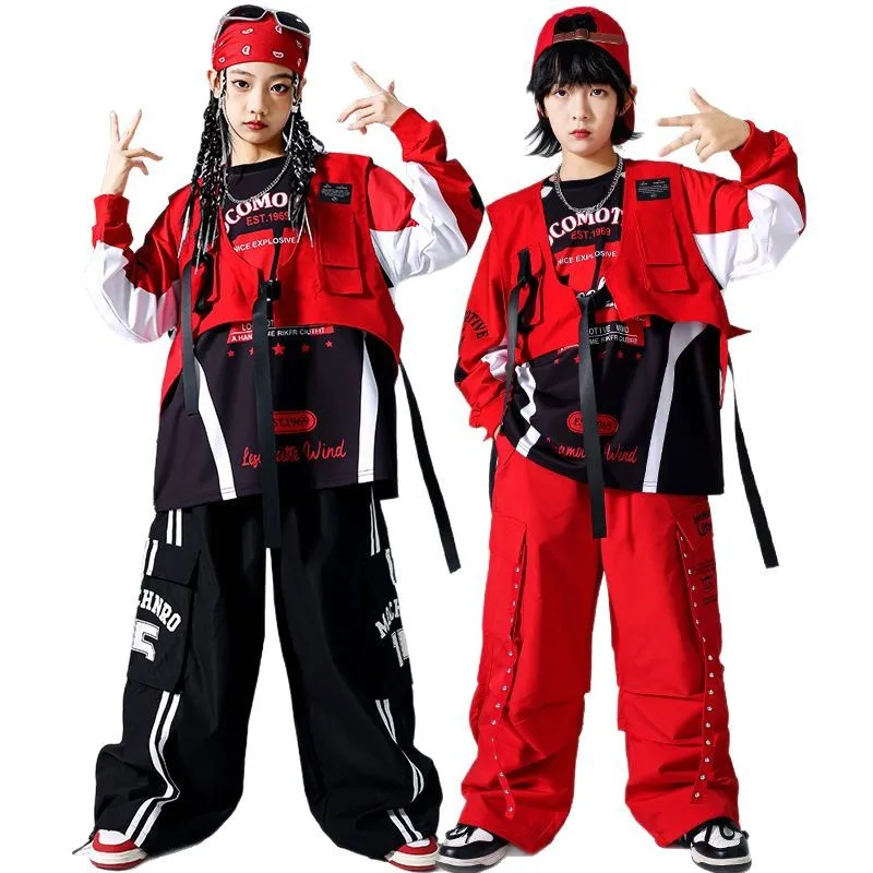 

Контрастный свитшот в стиле хип-хоп для мальчиков, жилет, брюки-карго для девочек, костюмы для уличных танцев K-pop, детские комплекты джазовой одежды, детская уличная одежда