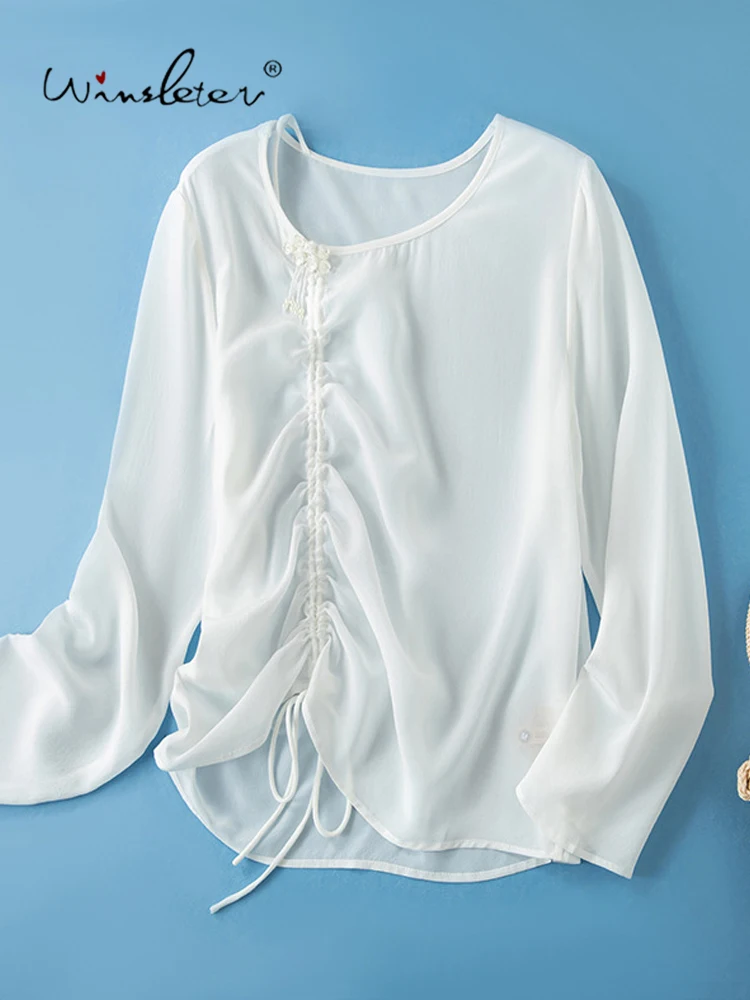 

Winsleter-8MM 100%Silk Elegant T-Shirt, O Neck Long Sleeve Buttons, Women Vacation Sunscreen Thin Top, 2026 Summer New T66947CC