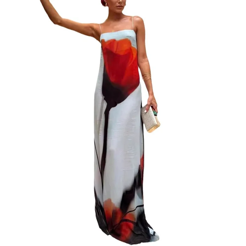 2024 Summer Streetwear Sexy Fashion Chiffon Slip Dress Sleeveless Loose Print Hand Painted Women's Floor Skirts Long Dress