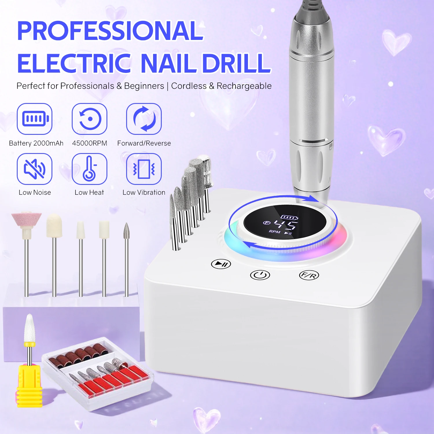 Taladro eléctrico para uñas de 45000RPM, taladros profesionales para salón, lima de uñas portátil, herramienta de manicura con poco ruido