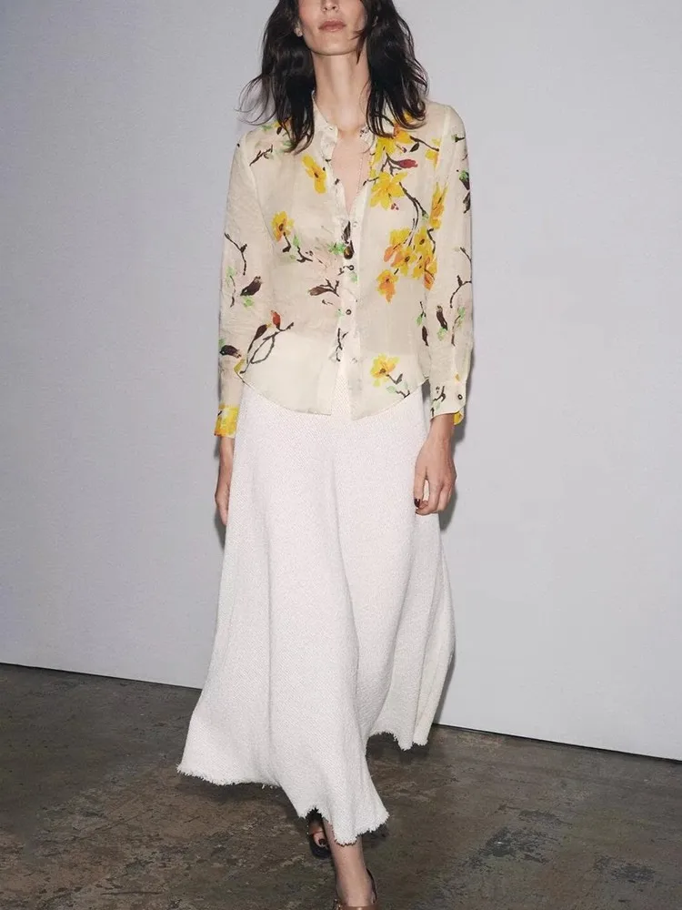 

2025 Summer New Women's Floral irt Versatile Flower Pants Cotton Polyester Loose Fit Long Sve Collar UV Protection