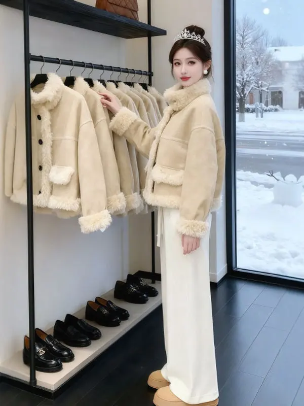 

Корейская короткая куртка из овечьего меха: красивая, модная, весенняя верхняя одежда для женщин, повседневная, свободного кроя, с пуговицами и декоративными элементами