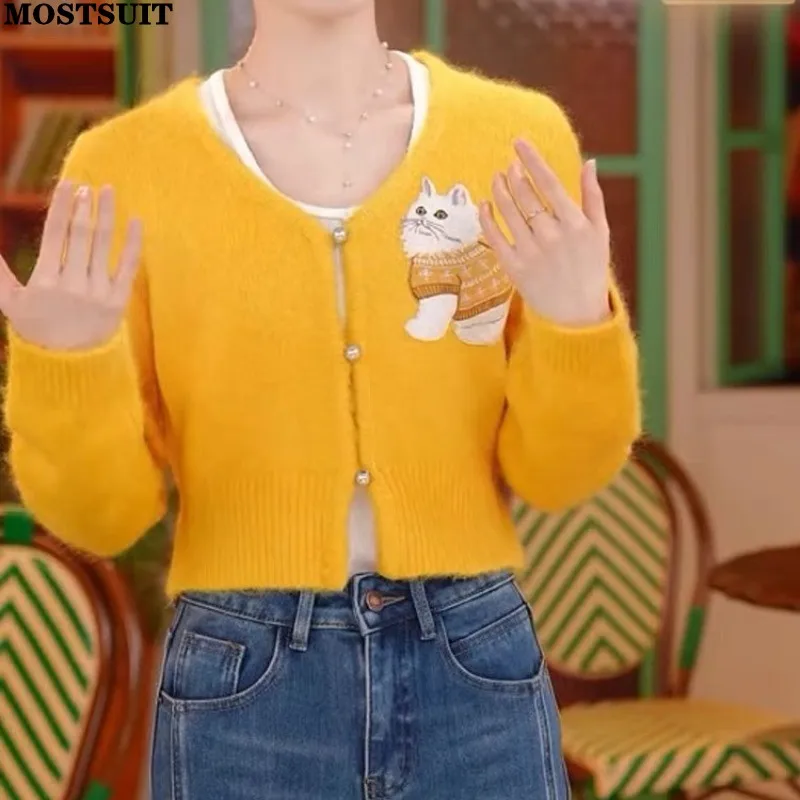 

Yellow Cat Embroidery Sweater Women Cardigan Crop Tops Long Sleeve O-neck Single-breasted Stylish Chic Fashion Jumpers 2025