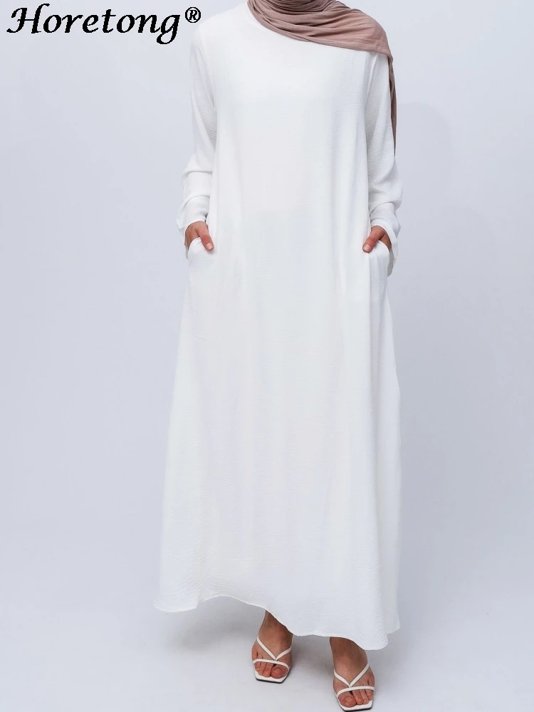

Horetong 2026 Spring Summer Muslim Abaya Women White Round Neck Long Sleeve Loose With Pockets Modest Islamic Casual Maxi Dress