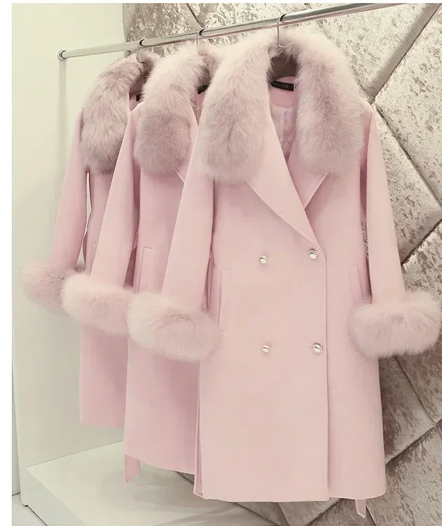 Woolen coat women's 2024 winter clothing new slim-fitting big fur collar lengthened and thickened wool woolen coat,