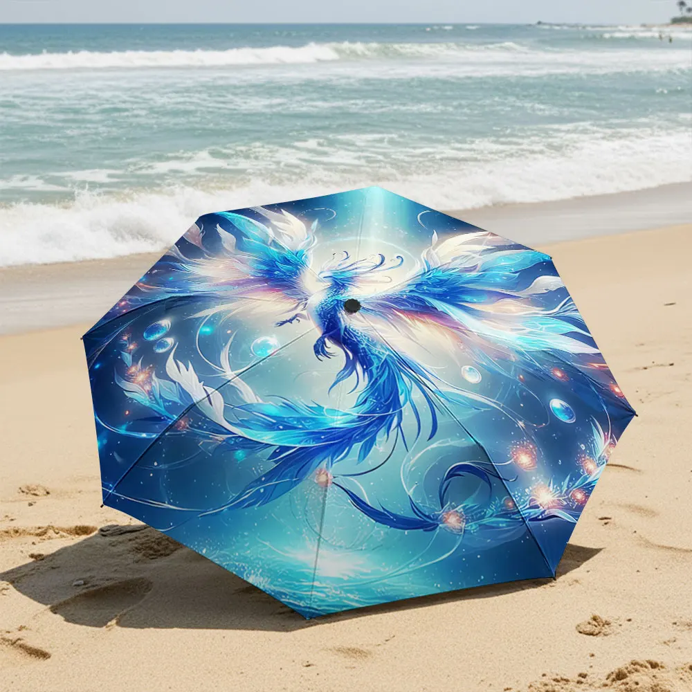 Majestic Blue Phoenix in Cosmic Flight Design Umbrella Compact Fashion Folding Umbrella for Daily Use, Christmas Gift