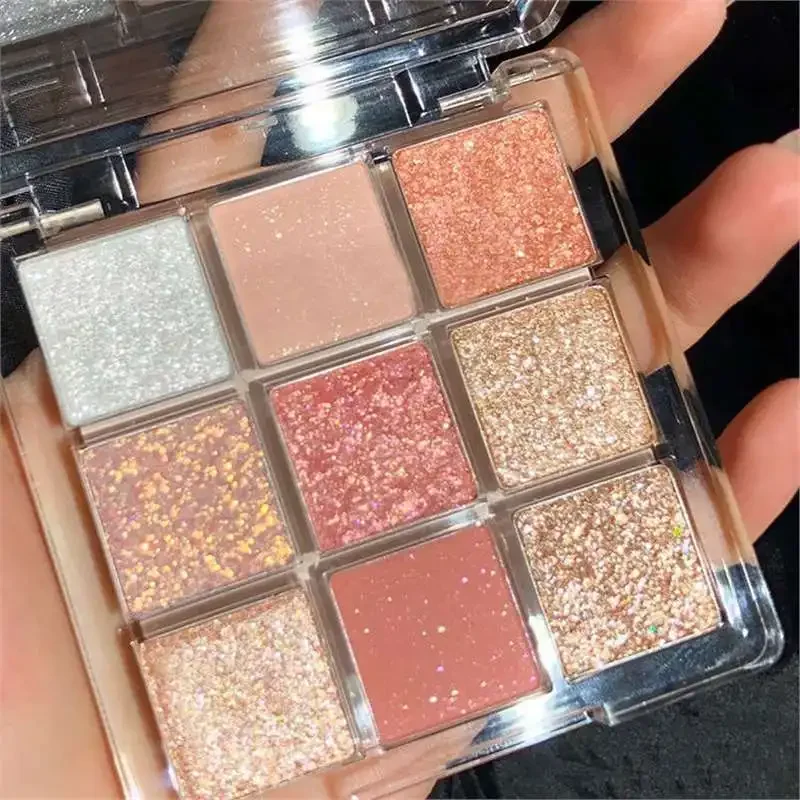 Paleta de sombras de ojos de nueve colores, rosa, perlado, mate, brillo, sombra de ojos brillante, maquillaje de ojos de larga duración