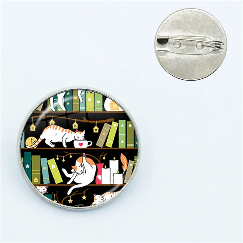 Library Cats Whimsical Cats On The Book Shelves Pin  Funny Glass Dome Brooches Shirt Lapel Bag Cute Badge Gift for Lover Friends