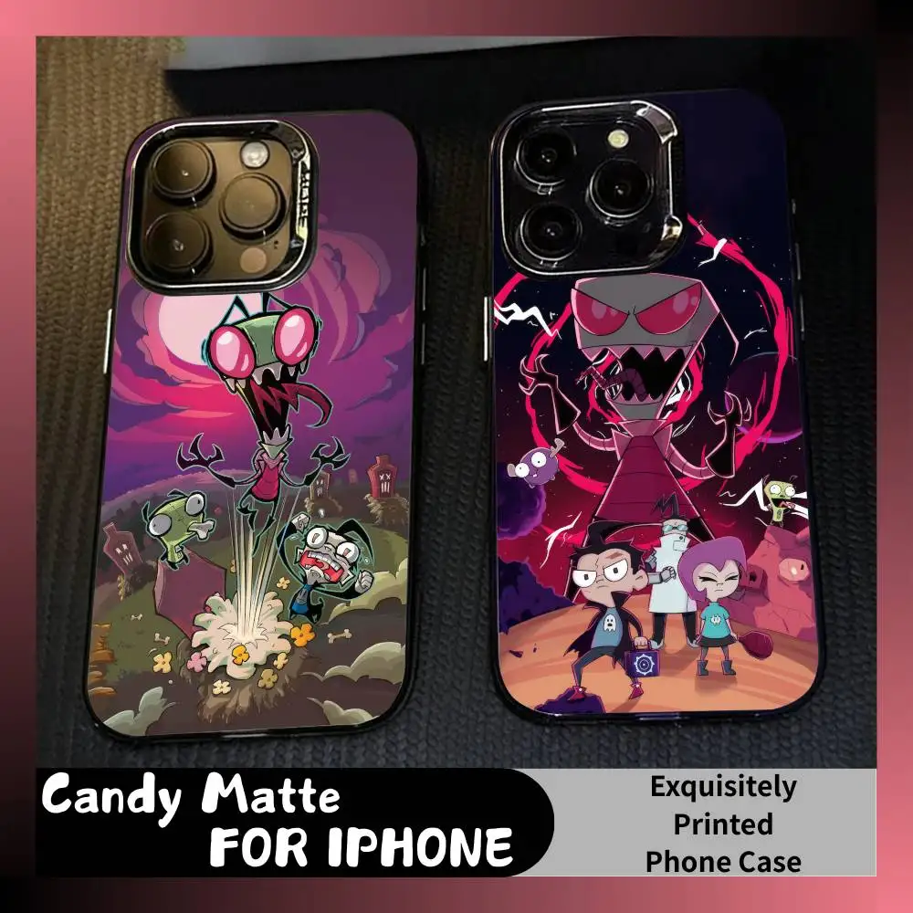 

Cartoon I-Invader Alien Z-ZIM Printed Phone Case For iPhone 16 17 15 14 12 13 Pro Max Black Candy Matte Shockproof Cover
