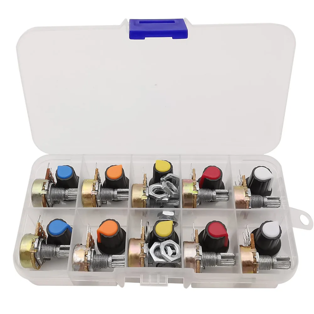 

1 коробка WH148, 3-контактный, 15 мм, 1K/2K/5K/10K/20K/50K/100K/250K/500K/1M, набор линейных конических поворотных потенциометров с крышкой