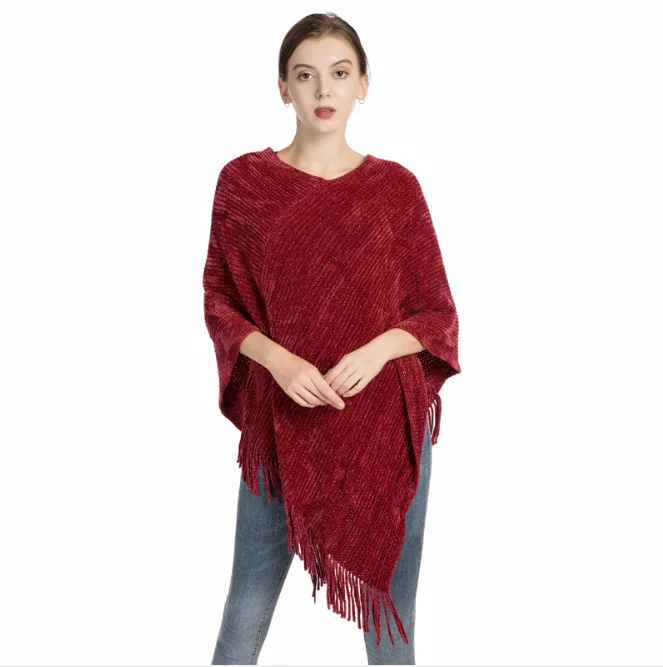 Chenille Knitted Shawl Women's Autumn Winter New Warm Tassel Silver Silk Pullover Cloak Girl's Outdoor Sweater Coat Red