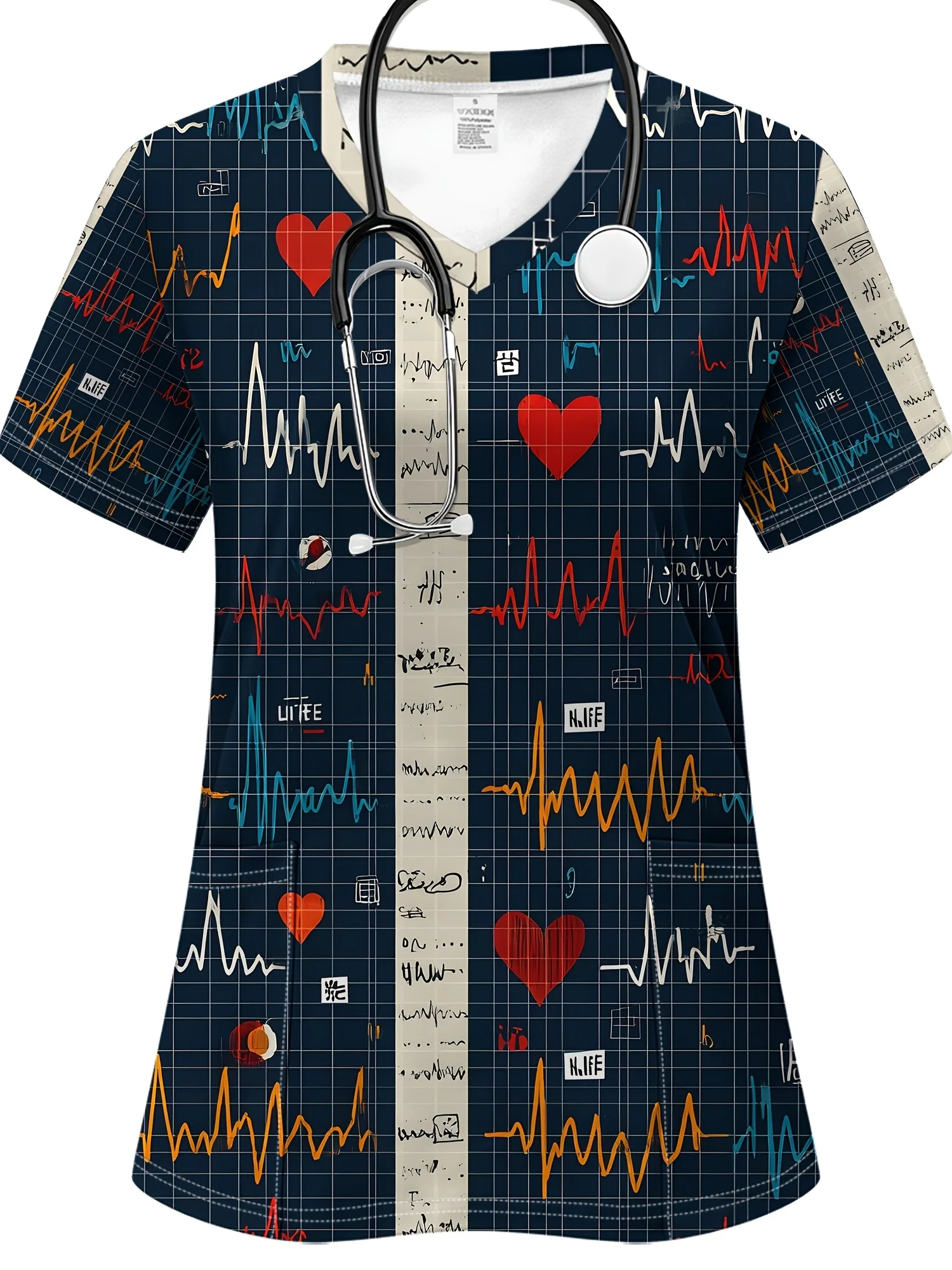 

Women'S ECG Heartbeat Lifeline Scrub Top Clinical Uniform Woman Print Scrub Tops Beauty Salon Work Clothes Surgical Workwear Tee