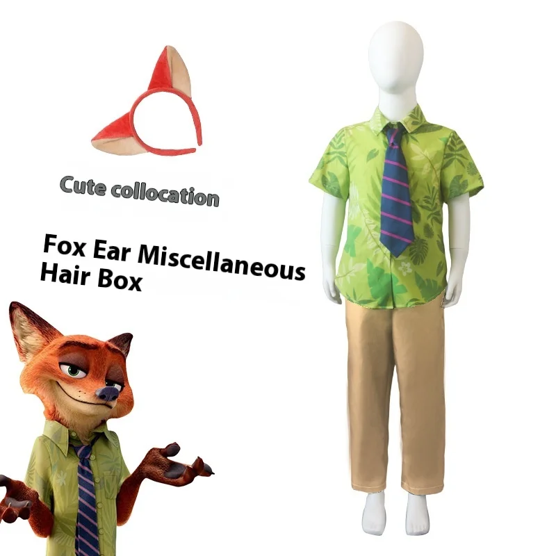 New Kawaii Fox Nick Wilde Cosplay Shirt With Tie Men Halloween Green Leaves Printed Summer Casual T-Shirt And Necktie Cosplay