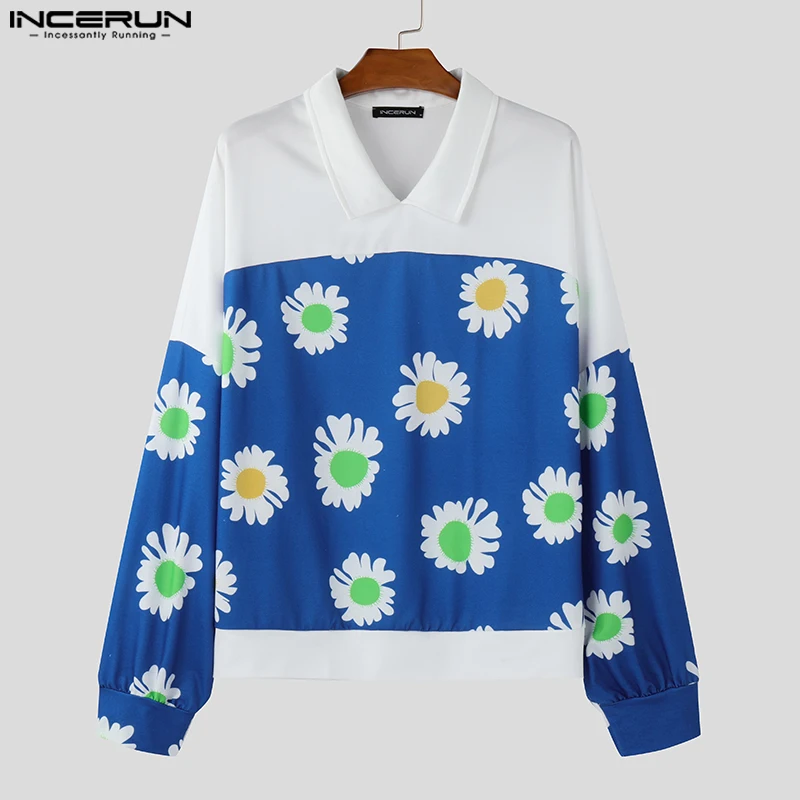 INCERUN Men Simple Lapel Collar Shirts 2024 Casual Floral Printing Loose Tops Commuting Long Sleeve Patchwork Fashion Blouses