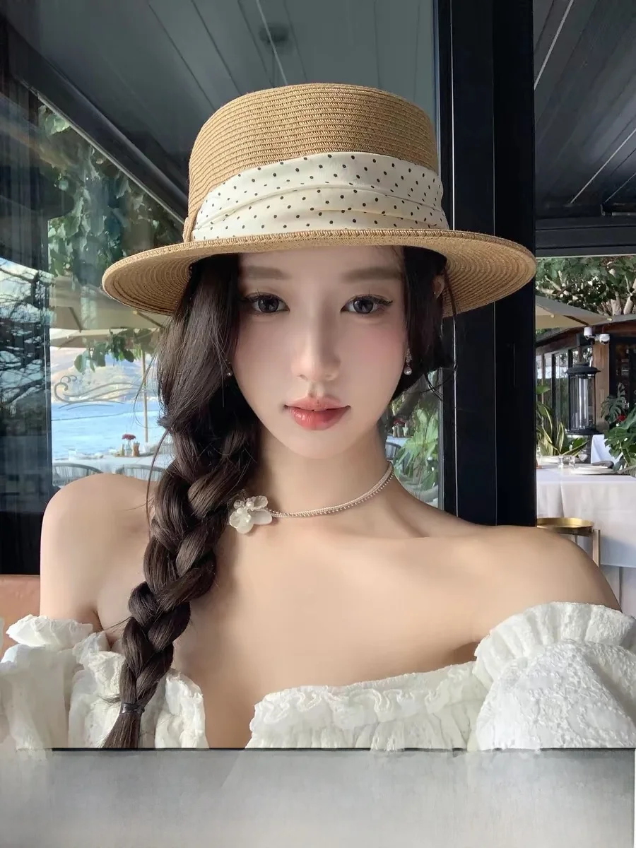 rouiiefao-chapeau-de-paille-a-pois-a-calotte-plate-pour-femme-ideal-pour-l'ete-la-plage-la-protection-solaire-amincissant-le-visage-respirant