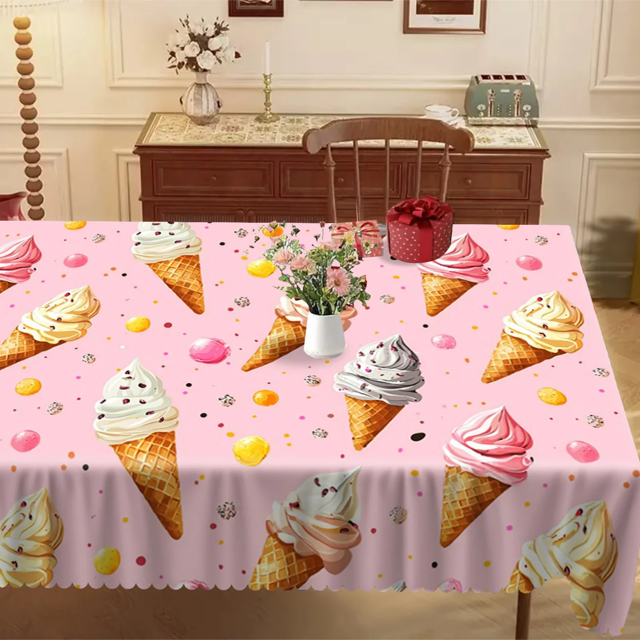 One-piece polyester material, colorful ice cream pattern printed tablecloth, no wrinkles, for home kitchen tablecloth