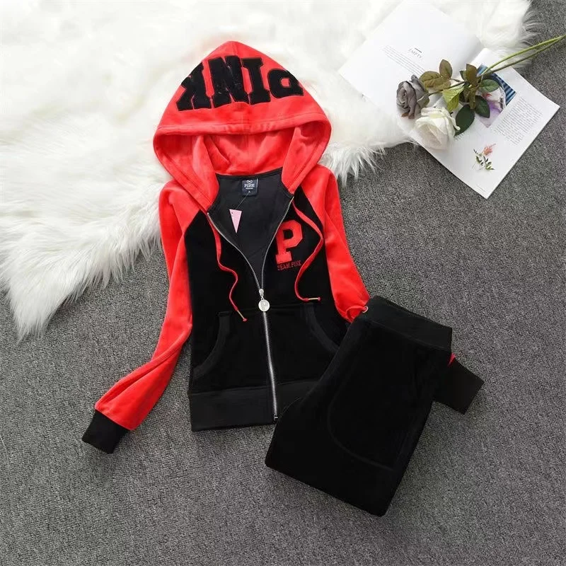 Contrast Color Long Sleeve PINK Velvet Tracksuit 2024 Women\'s Hooded Sweatshirt and Pants Set Casual Tracksuit